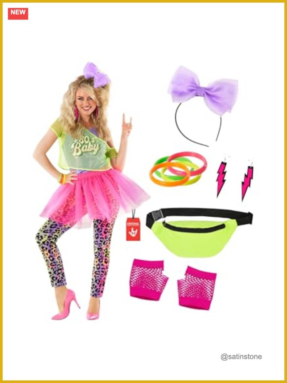80s Costume Set Neon Mesh Top Tutu Leggings Retro Party Outfit